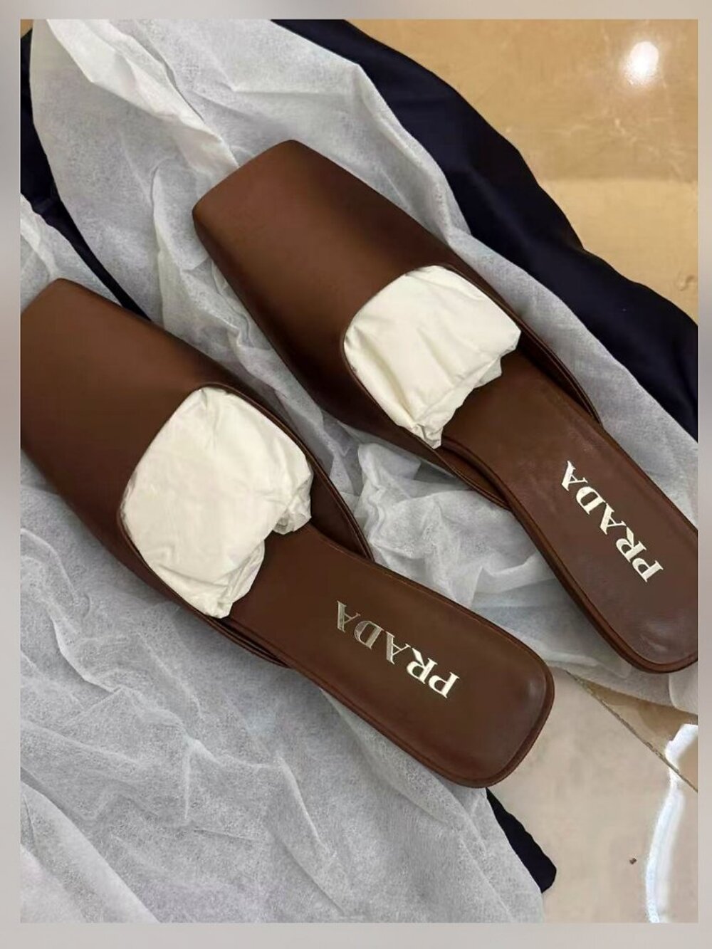 Prada Chocolate Brown Leather Square Toe Slip On Mule Sandals